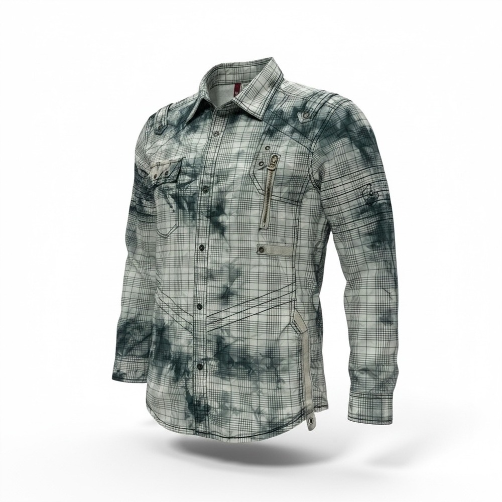 F.U.S.A.I. Jeans Mens Medium Plaid Tie Dye Button Up Shirt Gray White Grunge Y2K